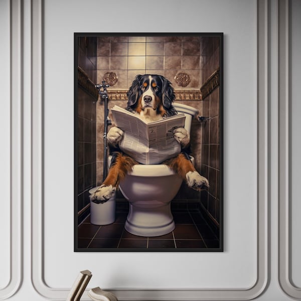 Bernese Mountain Dog On The Toilet Reading Newspaper, Funny Bathroom Art, Toilet Humor Animal Canvas Print Framed Ready To Hang