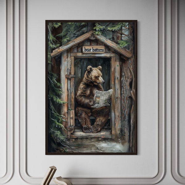 Bear In Outhouse Toilet In The Forest Reading Newspaper Painting Canvas, Farmhouse, Cabin Bathroom Decor, Rustic Decor Ready To Hang