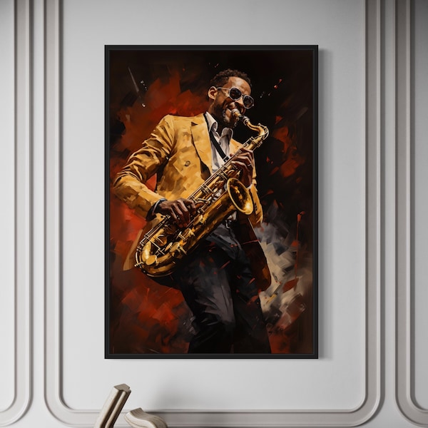 Jazz Wall Art African American Saxophone Player Painting Canvas Print, Music Room Decor, Gift For Musicians Framed Ready To Hang