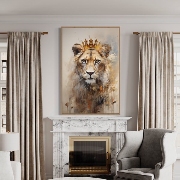 Lioness Queen With Crown Wall Art, Beige Gold Lioness Abstract Painting Extra Large Canvas Print, Strong Women Wall Decor Ready To Hang