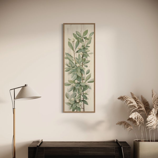 Tall Narrow Wall Art Retro Sage Green Leaves Painting Canvas Print, Long Vertical Retro Botanical Wall Art Artwork Ready To Hang