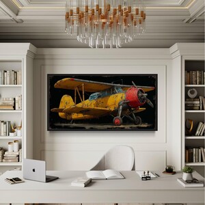 Yellow Vintage Biplane Wall Art, Retro Airplane Canvas Print With Red Nose For Office Or Man Cave, Aviation Decor Framed Ready To Hang