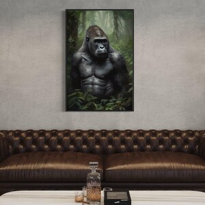a large, dark brown leather couch in a living room setting. Above the couch, there is a framed painting of a gorilla in a lush, green forest. The room also includes a bookshelf and a coffee table with various items on it.