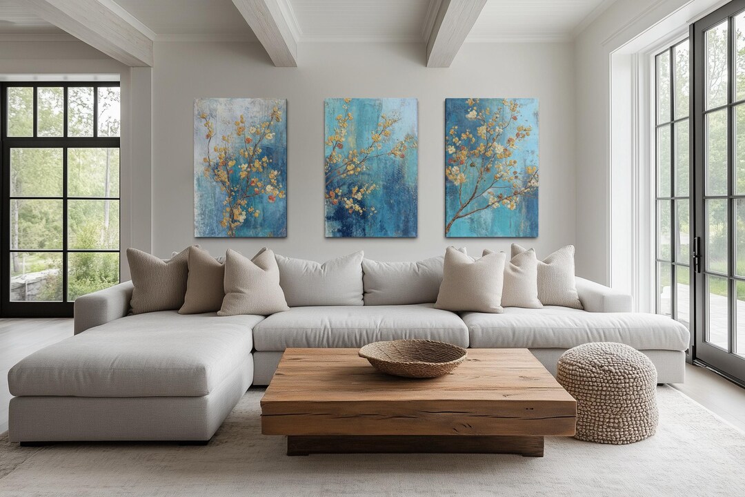 Floral Wall Art Set of 3 – Blue and Gold Blossom Canvas Prints, Modern ...