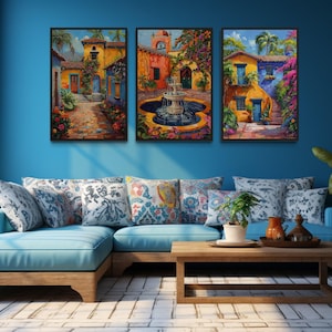 Set Of Three Mexican Wall Art, Colorful Mexican Courtyard Garden And Fountain Painting Canvas Print Ready To Hang