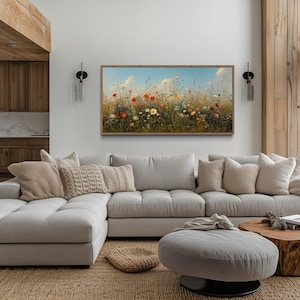 Wildflower Meadow Wall Art - Colorful Summer Field Canvas Print - Pastoral Nature Landscape For Living Room Decor Framed Ready To Hang