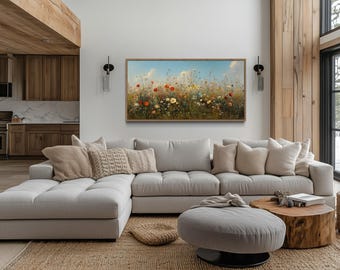 Wildflower Meadow Wall Art - Colorful Summer Field Canvas Print - Pastoral Nature Landscape For Living Room Decor Framed Ready To Hang