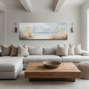 Coastal Pampas Grass Canvas Wall Art, Long Horizontal Beach Scene Print For Bedroom Or Beach House Wall Decor Framed Ready To Hang