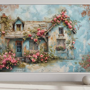 Shabby Chic Wall Art, Rustic Blue Pink Floral Cottage Painting Canvas PRINT, Farmhouse Wall Art Framed Ready To Hang