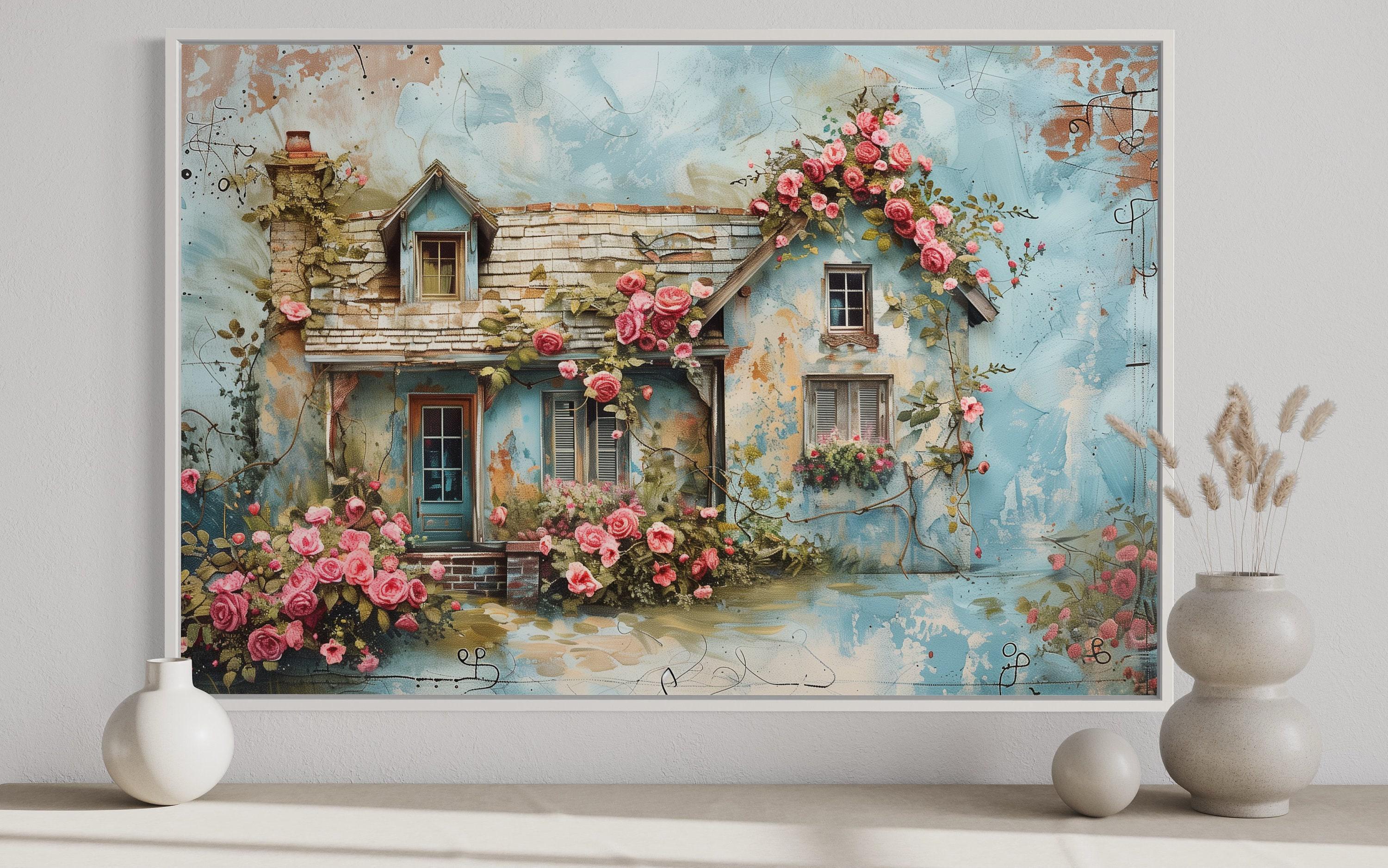 Shabby Chic Wall Art, Rustic Blue Pink Floral Cottage Painting Canvas ...