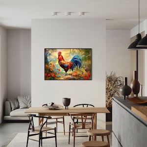 a modern dining room with a large painting of a rooster hanging on the wall above a wooden dining table surrounded by chairs.