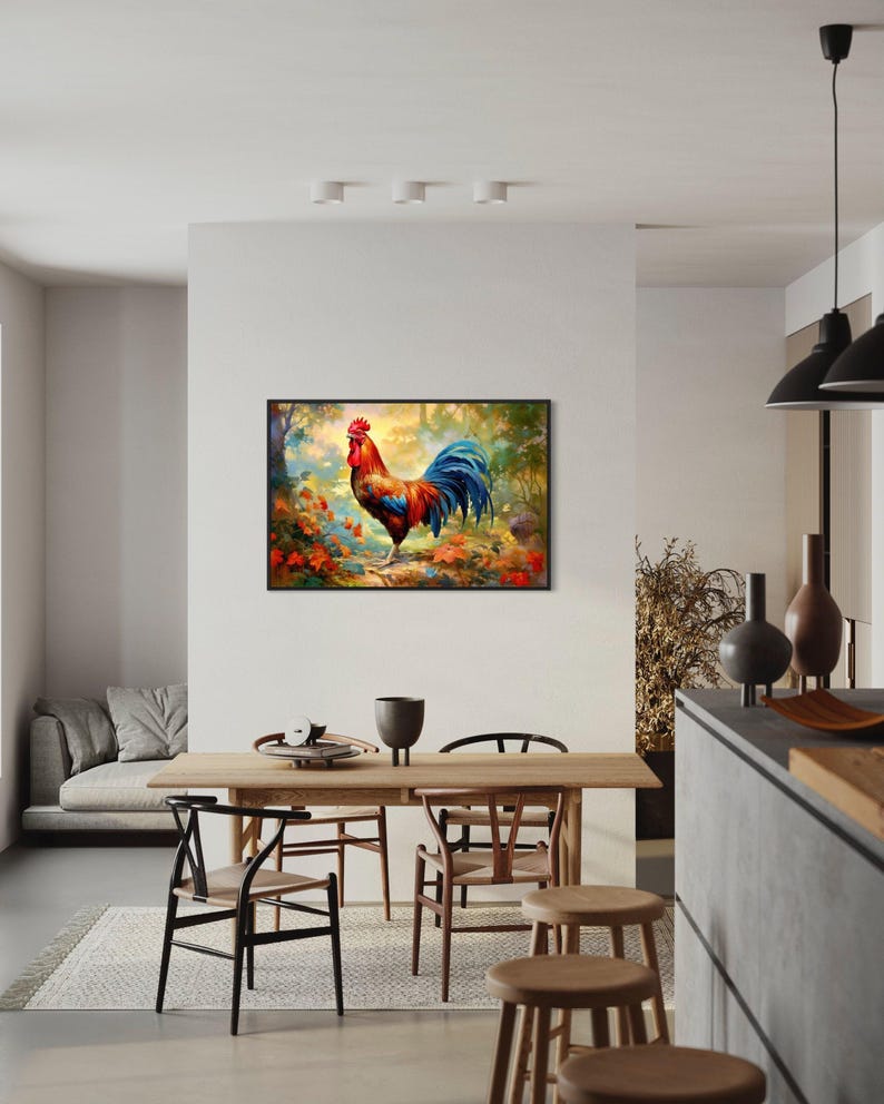 a modern dining room with a large painting of a rooster hanging on the wall above a wooden dining table surrounded by chairs.
