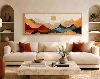 Mid Century Modern Mountain Wall Art Abstract Panoramic Painting Print On Long Horizontal Canvas With or Without Frame Ready To Hang