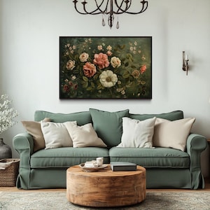 Framed Retro Antique Flowers Wall Art, Vintage Tapestry Style Green Floral Botanical Painting Canvas Print Ready To Hang
