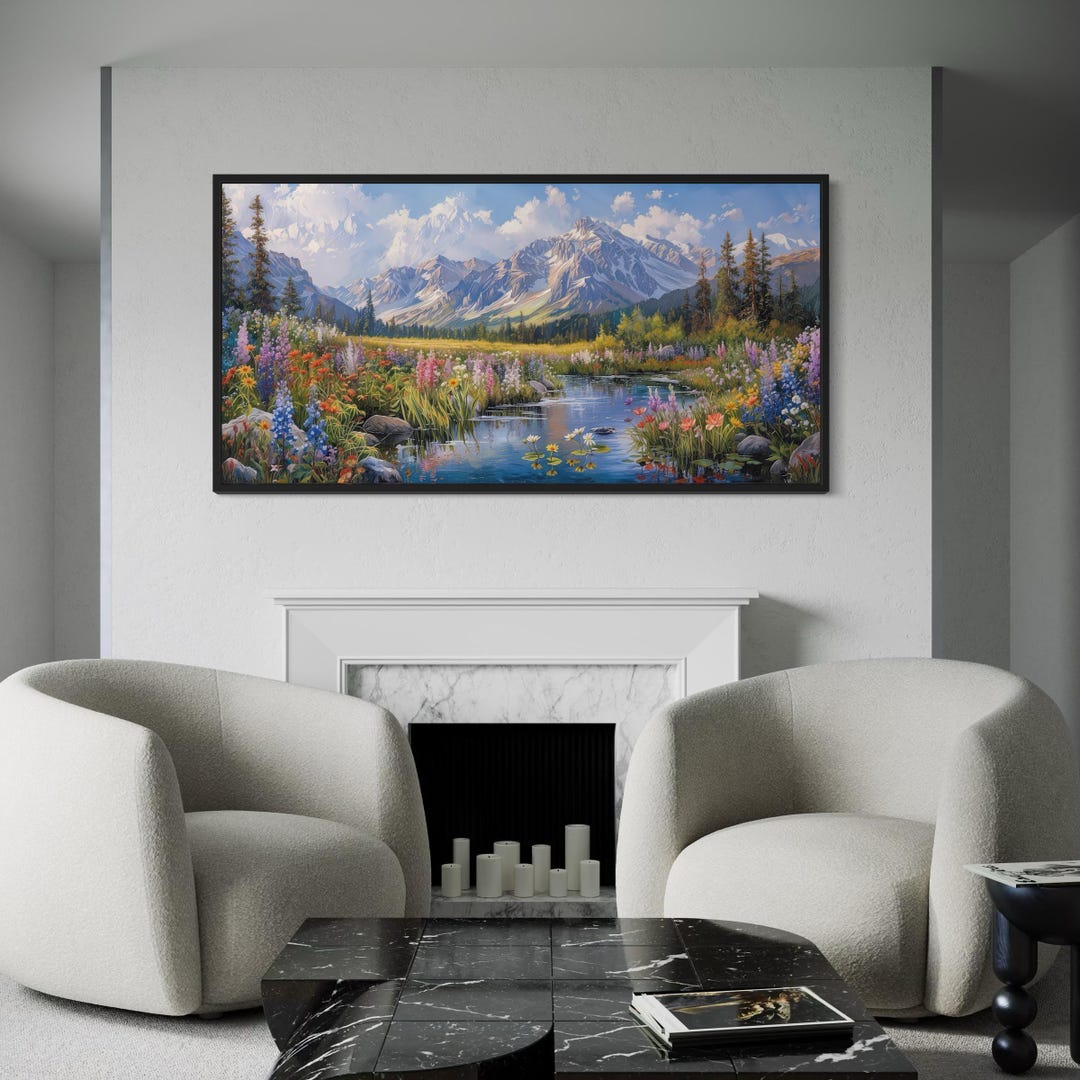 Landscape Nature Wall Art Wildflowers in Mountain Valley Painting ...