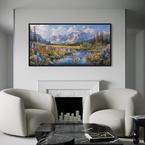 Landscape Nature Wall Art Wildflowers In Mountain Valley Painting Canvas PRINT, Blue Green Living Room Bedroom Decor Framed Ready To Hang
