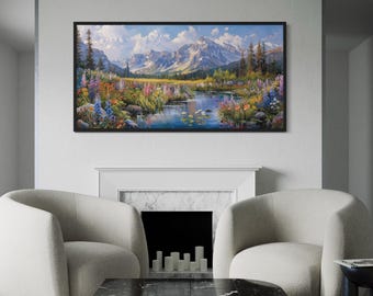 Landscape Nature Wall Art Wildflowers In Mountain Valley Painting Canvas PRINT, Blue Green Living Room Bedroom Decor Framed Ready To Hang