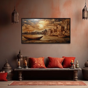 Varanasi Wall Art, Ganges River Boat Painting – Indian River Cityscape With Wood Texture Look Canvas Print Framed Ready To Hang
