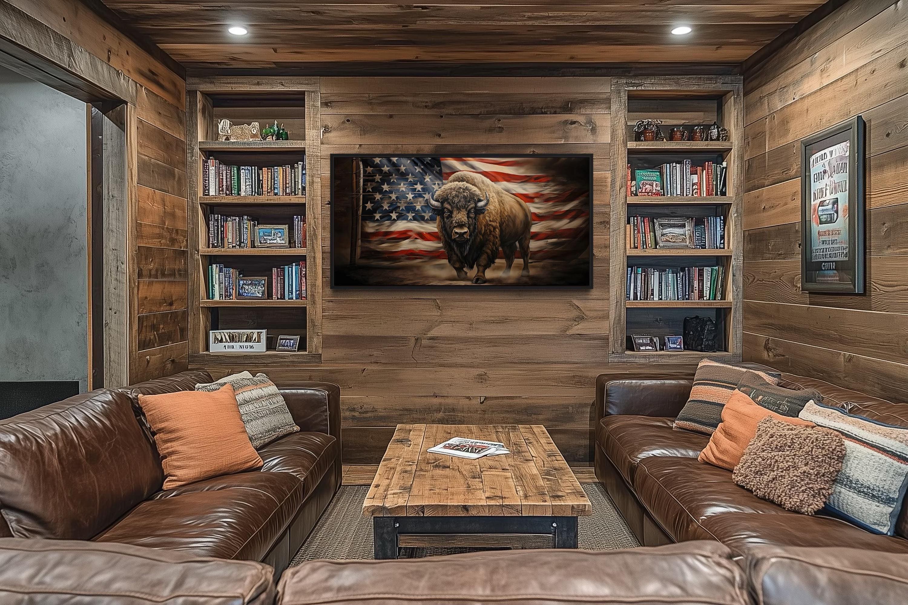 American Bison And American Flag Wall Art, Patriotic Painting Canvas Print, Buffalo Wall Art, Western Art, Art For Men Framed Ready To Hang