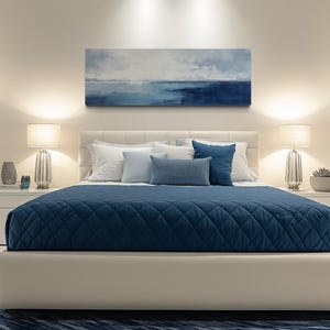 Over Bed Wall Art Minimalist Ocean Navy Blue Grey Panoramic Abstract Coastal Painting Long Horizontal Canvas Print Ready To Hang