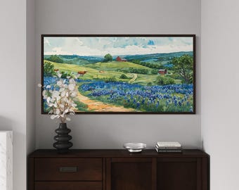 Texas Wall Art, Hill Country Landscape With Longhorn Cows And Bluebonnets Painting Canvas Print Framed Ready To Hang