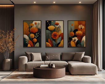 Set of 3 Abstract Floral Wall Art Warm Earth Tone Flower Canvas Prints, Modern Boho Botanical Art For Living Room, Framed Ready To Hang