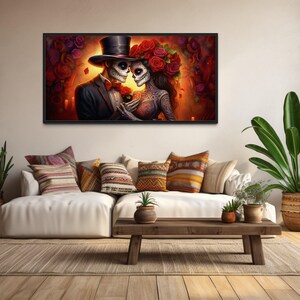Day of The Dead Mexican Wall Art - Sugar Skull Couple Love Painting Canvas PRINT, Dia De Los Muertos Artwork Ready To Hang