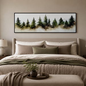 Watercolor Green Foggy Pine Tree Forest Panoramic Painting Print On Long Horizontal Canvas, Cabin Wall Decor Framed Ready To Hang
