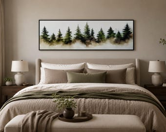 Watercolor Green Foggy Pine Tree Forest Panoramic Painting Print On Long Horizontal Canvas, Cabin Wall Decor Framed Ready To Hang