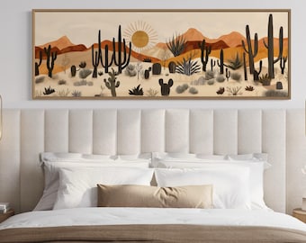 Arizona Desert Mid Century Modern Cactus Landscape Canvas Print - Panoramic Long Horizontal Neutral Wall Art Framed Ready To Hang