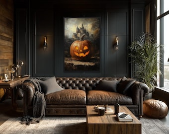 Halloween Wall Art – Glowing Jack-O’-Lantern in Front of Gothic Castle – Spooky Pumpkin Canvas Print for Haunted Home or Fall Decor