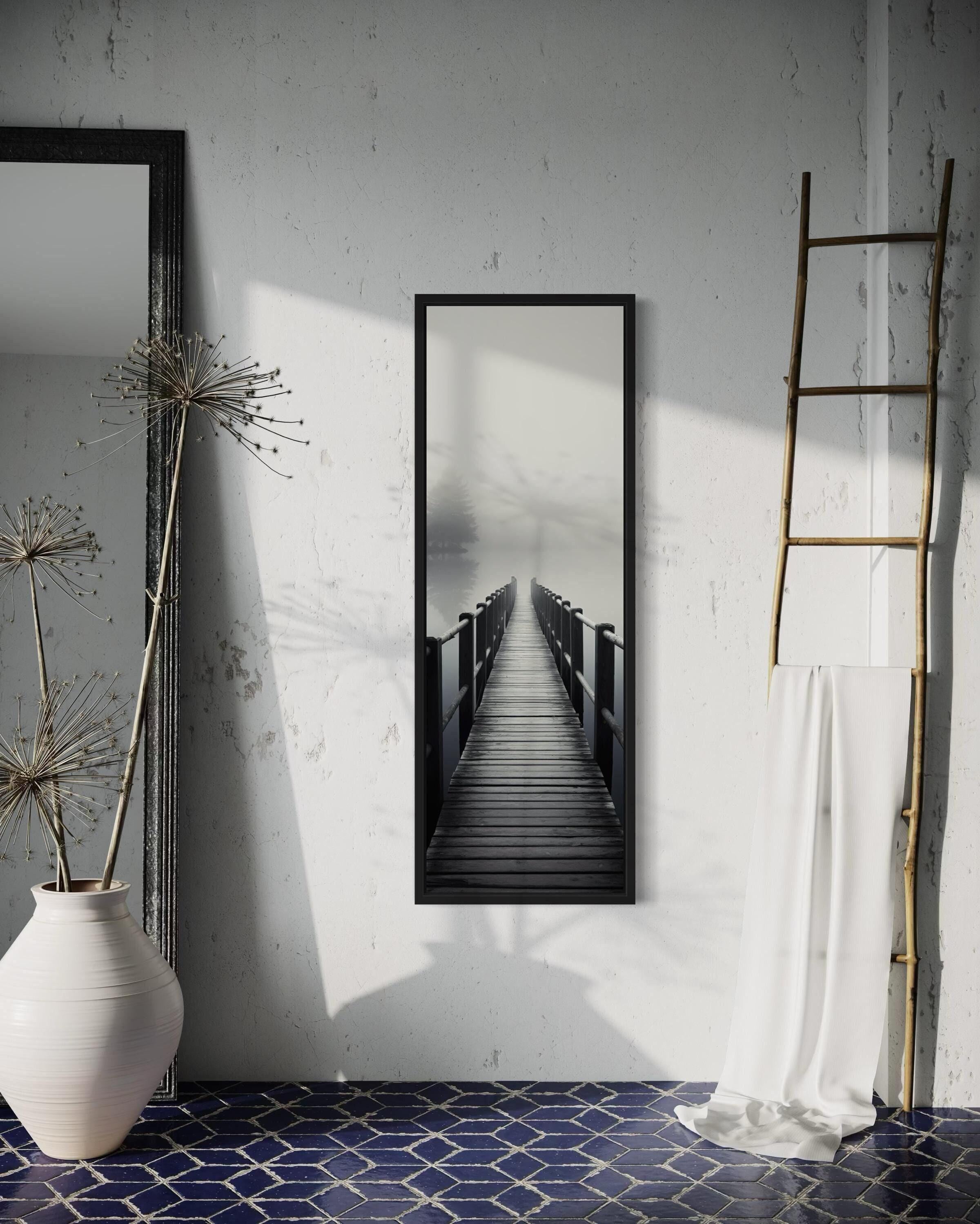 ウッドウォールアート(930×480・1) Tall Narrow Vertical Wall Art, Foggy Lake With Pier/dock Black