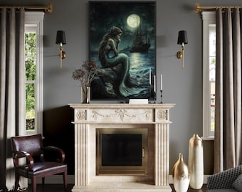 Gothic Mermaid Wall Art – Dark Ocean Fantasy with Full Moon and Pirate Ship – Mysterious Siren Canvas Print for Halloween or Gothic Decor