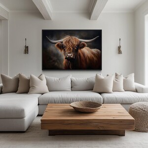 a large, comfortable living room with a large, white sectional sofa, a wooden coffee table, and a framed painting of a horned animal on the wall.