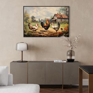 a living room with a large painting of chickens on the wall, a lamp on a side table, a black table with a vase of flowers, and a couch and chairs.