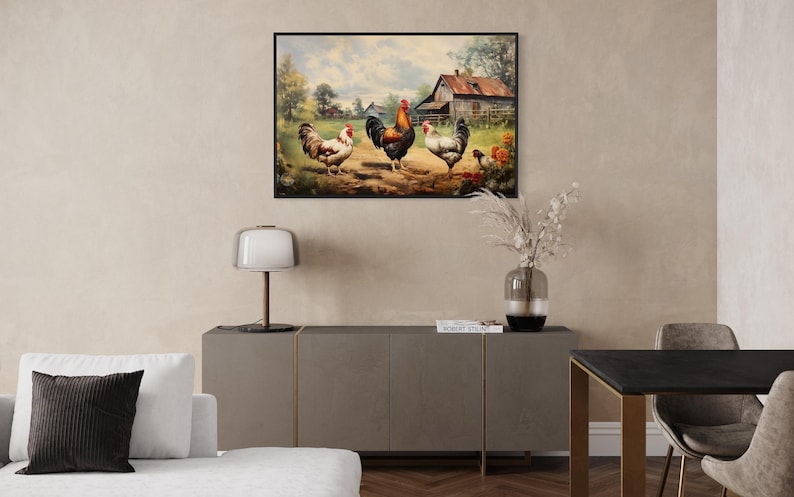 a living room with a large painting of chickens on the wall, a lamp on a side table, a black table with a vase of flowers, and a couch and chairs.
