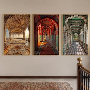 Set Of Three Indian Wall Art, Colorful Indian Mughal Architecture  Painting Canvas PRINT, Traditional Hindu Wall Decor Ready To Hang