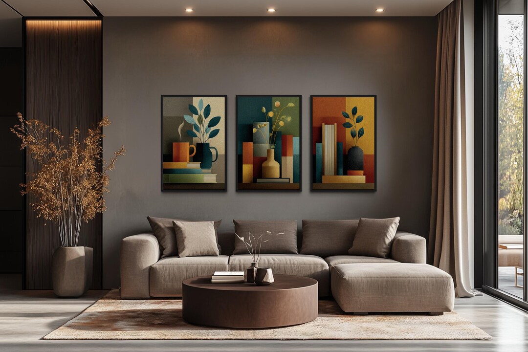 Library Wall Decor Set of 3 – Abstract Book Stack Canvas Prints, Mid ...