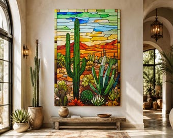 Saguaro Cactus Wall Art, Stained Glass Style Sonoran Arizona Desert Painting Canvas PRINT, Southwestern Artwork Ready To Hang
