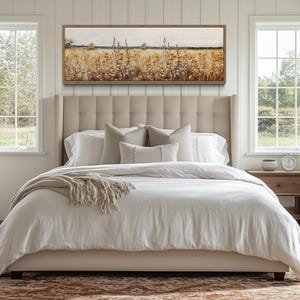 Framed Wall Art White Wildflowers Field Painting Panoramic Canvas PRINT, Long Horizontal Meadow Farmhouse Wall Decor, Boho Botanical Art