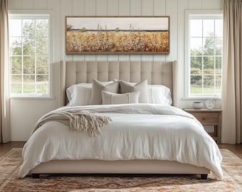 Framed Wall Art White Wildflowers Field Painting Panoramic Canvas PRINT, Long Horizontal Meadow Farmhouse Wall Decor, Boho Botanical Art