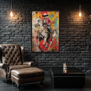 Graffiti Skeleton Cowboy on Horse Painting, Bold Urban Western Wall Art, Man Cave Art, Colorful Street Style Canvas, Framed Ready To Hang