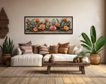 Southwest Cactus With Orange Blooms Wall Art – Desert Floral Landscape Canvas Print, Long Horizontal Southwestern Wall Decor for Living Room