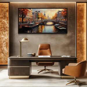 a modern and luxurious office space with a large painting of a canal scene on the wall. The office has a dark wood desk, two leather chairs, and a large window providing natural light.