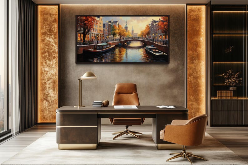 a modern and luxurious office space with a large painting of a canal scene on the wall. The office has a dark wood desk, two leather chairs, and a large window providing natural light.