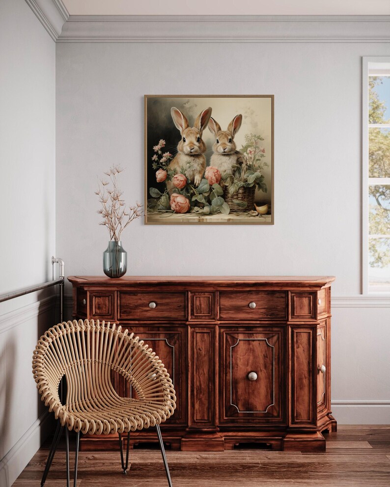 a cozy corner of a room with a wooden dresser, a woven chair, and a framed painting of two rabbits sitting together.