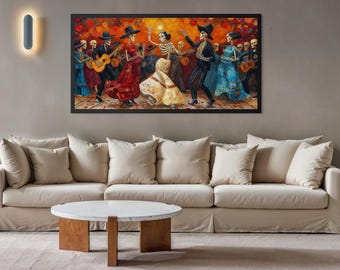 Mexican Wall Art - Day of The Dead - Dia De Los Muertos Celebration Traditional Painting Canvas Print Framed Ready To Hang