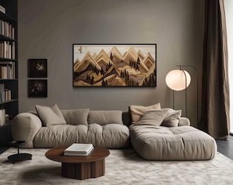 Wood Mountain With Eagle Canvas Wall Art, Neutral Brown Wood Wall Art Effect Cabin Wall Decor, Rustic Lodge Wall Art Framed Ready To Hang