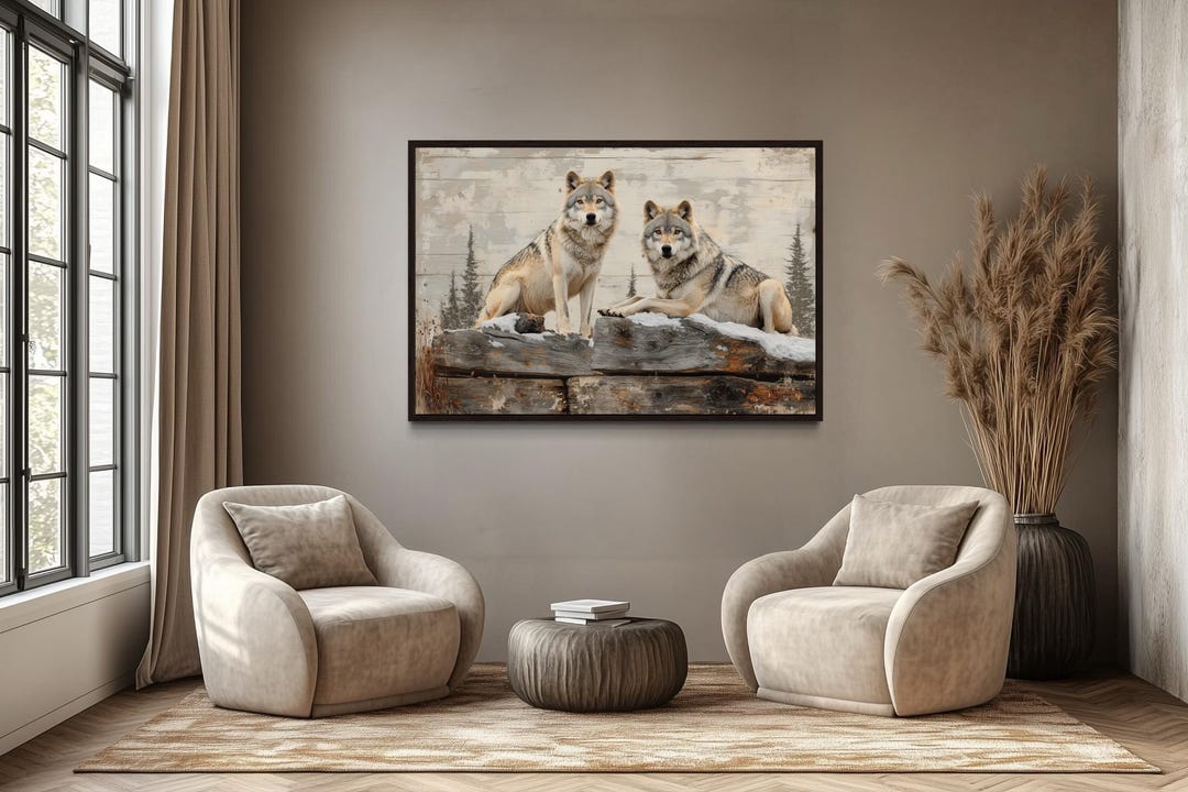 Rustic Wolf Wolf Couple Wall Art, Rustic Wolves in the Forest on Wood Painting ...