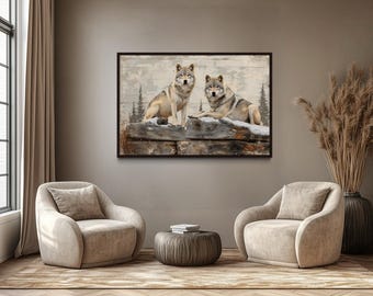 Wolf Couple Wall Art, Rustic Wolves In The Forest On Wood Painting Print, Cabin Lodge Decor, Wildlife Canvas Ready To Hang